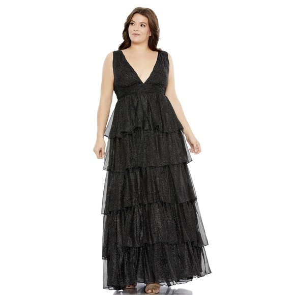 Mac Duggal 68131 Size 22W 22 Black Silver Shimmer Tiered Chiffon Maxi Gown Dress - Picture 1 of 14